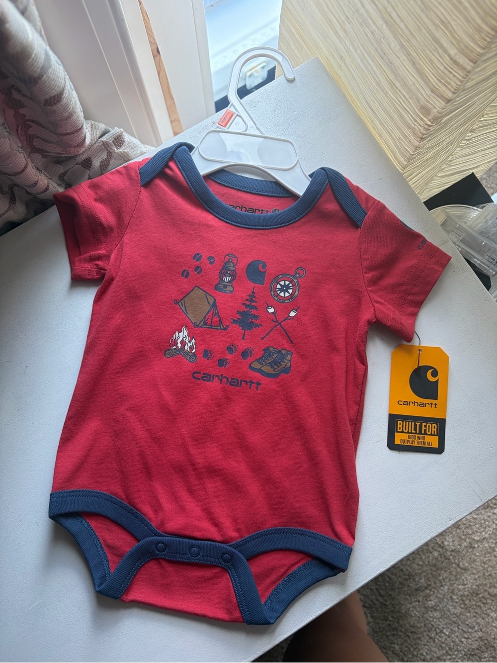 Carhartt Red Baby One-Piece with Navy Trim and Outdoor Graphic